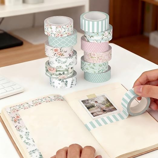 12 Rolls Watercolor Floral Washi Tape Set 15 mm Vintage Flower Decorative Masking Tape for Summer School Arts DIY Craft Scrapbook Journal Supplies Gifts(Pink and Green,Spring)