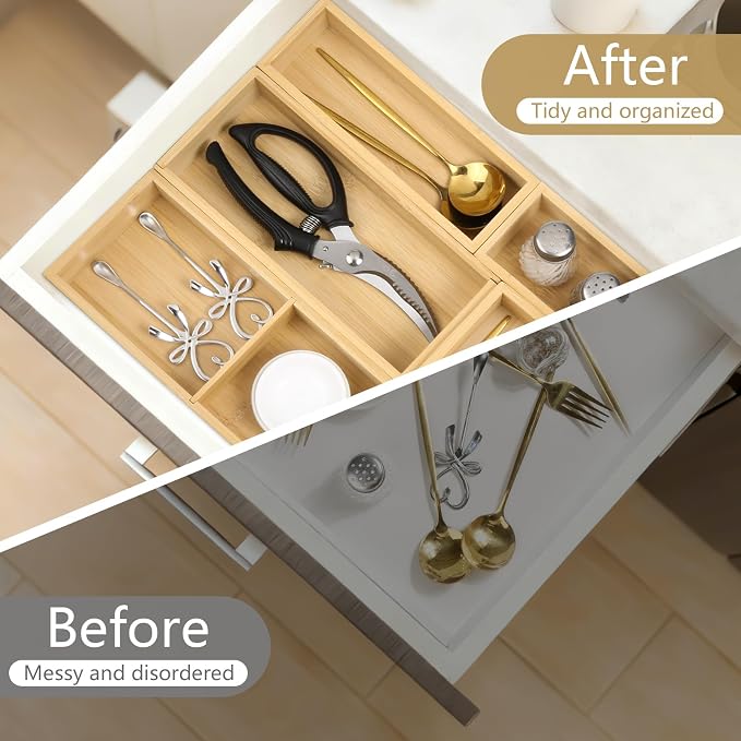 5 Pack Bamboo Drawer Organizer Set, Multi-Use Junk Drawer Organizer for Bathroom, Kitchen, Office, Jewelry, Makeup