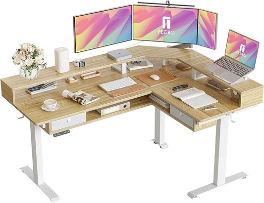 FEZIBO 63"x49" L Shaped Standing Desk with LED Strip & 2 Drawers, Upper and Lower Storage Shelves Available, Electric Height Adjustable, for Gaming, Office, Natural