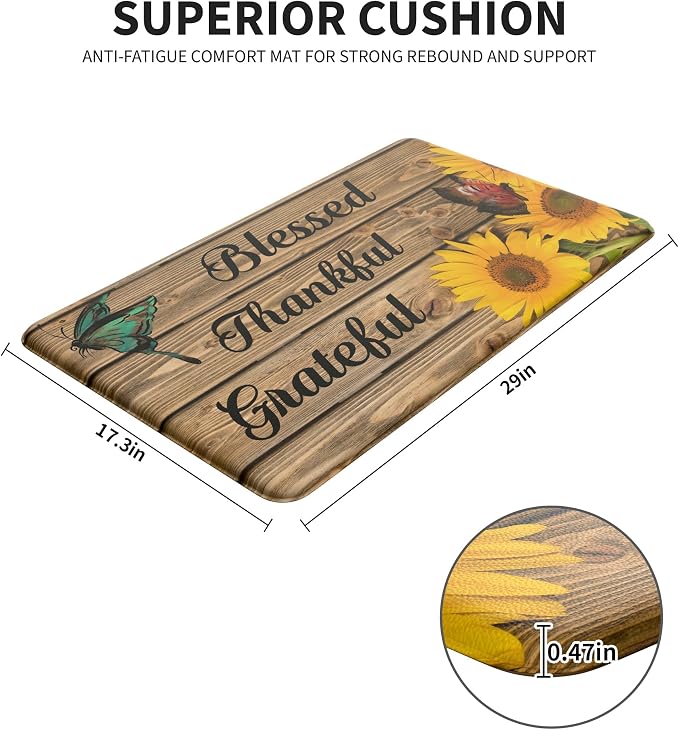 Farmhouse Sunflower Kitchen Decor Mat, Cushioned Anti Fatigue | Farmhouse Kitchen Decor,Cushioned Comfort,Non-Slip Backing,Waterproof Surface,Easy Clean,Kitchen Sink,Laundry
