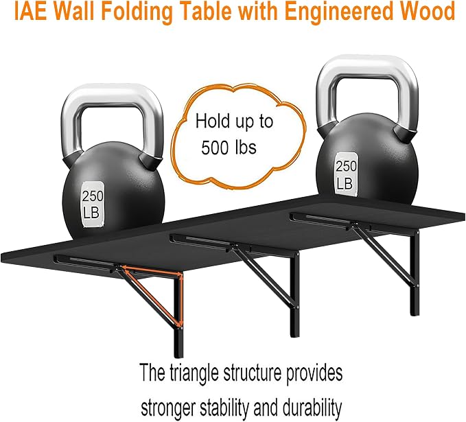 IAE 60" x 22" Floating Foldable Desk,Wall-Mounted Folding Computer Table with Engineered Wood,Study Table with Shelf Brackets,Fold Down Shelf,Fold Computer Desk for Small Apartment,Holds 500 lb,Black