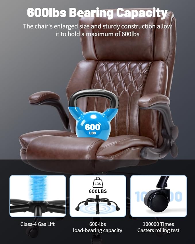 600LBS Large Heavy Duty Office Chair, Big and Tall Office Chair for Heavy People, Executive Desk Chair with Lumbar Support, Computer Desk Chairs with Flip Up Arm