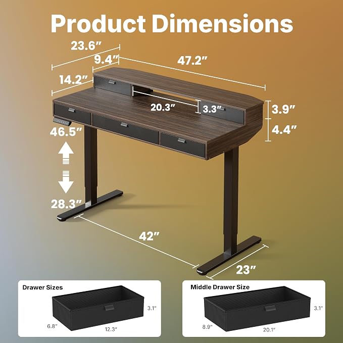 HUANUO 48 x 24 Inch Electric Standing Desk with 4 Drawers, Walnut | 4 Drawers For Organized Storage, Raised Monitor Shelf, C-Clamp Mount Support, 4 Memory Presets, 28.3–46.5 Inch Height Range