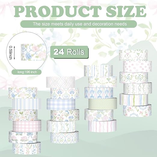 Gueevin 24 Rolls Watercolor Floral Washi Tape Set 15 mm Seasonal Flower Decorative Washi Tape for Craft Arts DIY Scrapbook Journaling Supplies Gift Wrapping(Flower and Bows)