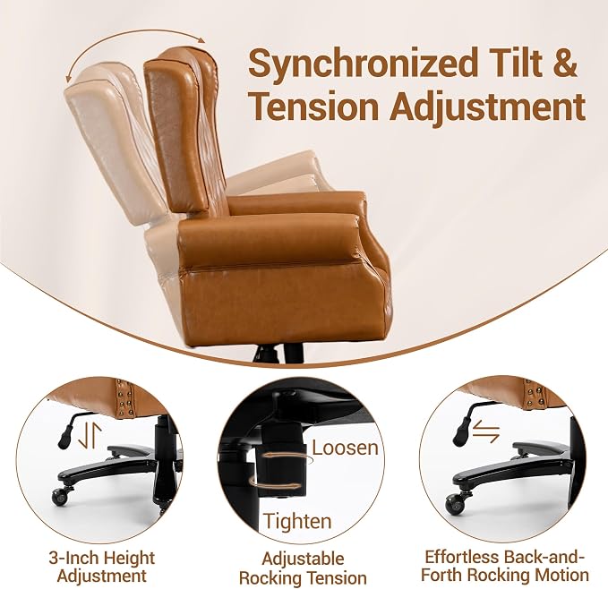 Vintage High Back Wingback Executive Office Chair, Brown | Home Desk Chairs with Tufted Nailhead Trim & PU Faux Leather, Heavy Duty Adjustable Rocking Computer Chair for Gaming