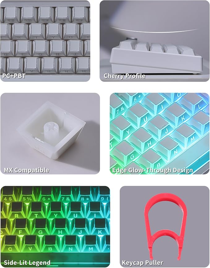 Keymatic Keycaps- Cherry Profile Keycap, Clear White Key Cap,Side Engraved Clear Edge Backlit Custom 60 65 75 100 Percent for Cherry MX, Outemu, Gateron Mechanical Keyboards