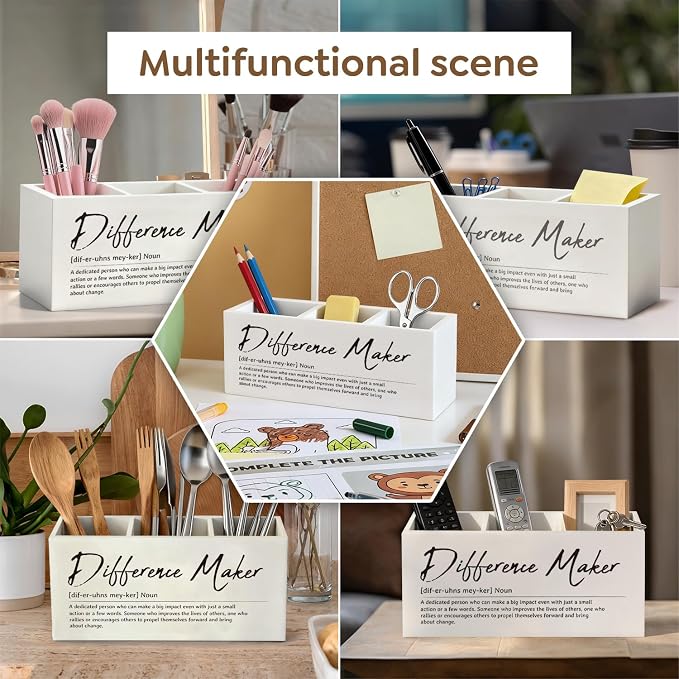 Difference Maker Gift Pen Pencil Utensil Holder | Appreciation Gifts for Coworkers Leaders Teachers, Wood Desk Organizer and Makeup Brush Holder