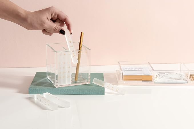 russell+hazel Acrylic Pen & Pencil Holder with Perpetual Calendar, Clear | Keeps pens & pencils handy beside a built-in perpetual calendar. Clear polished-edge acrylic in a stackable design.
