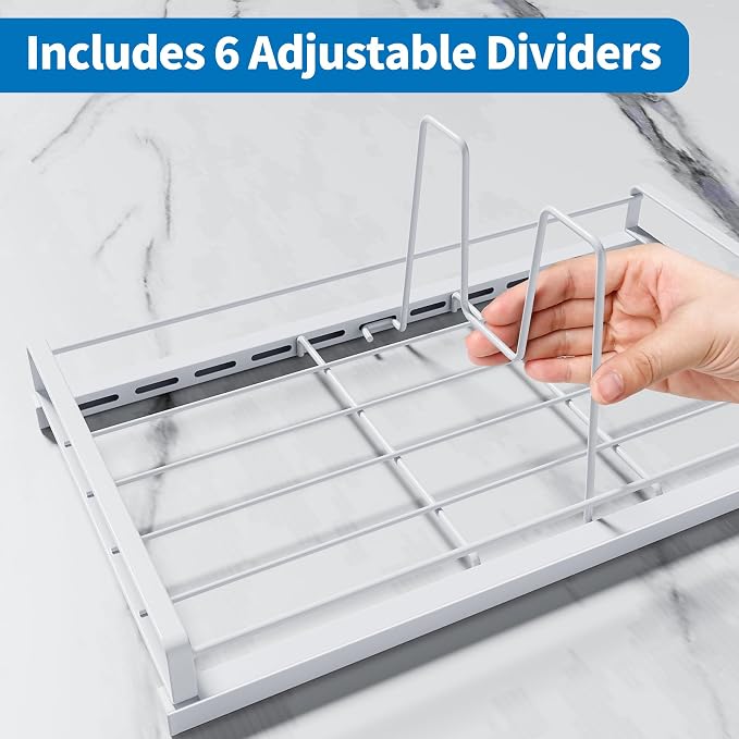 Food Container Lid Organizer Rack with Adjustable 6 Dividers, White | Full-Metal Pot and Pan Organizer Holder for Home Kitchen Cabinets, Drawers, Countertop, Cupboards, Pantry Shelves Storage