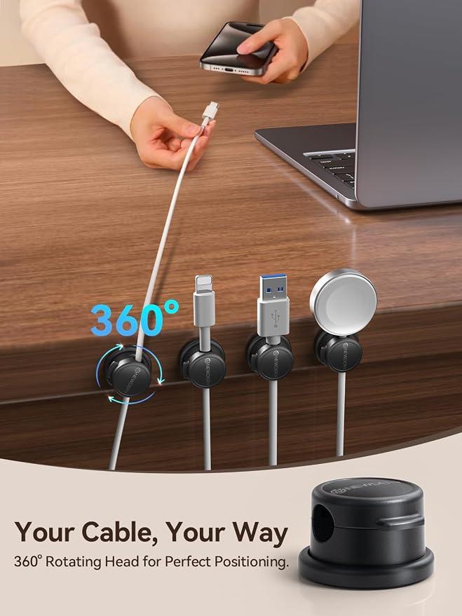 NEWDERY 10pcs Magnetic Cable Clips Cord Organizer Cord Holder Management | Desk Cable Management,360° Rotatable,3M Adhesive Wire Holder,for Home Office Desk Phone Charger Car Wall Nightstand,Black