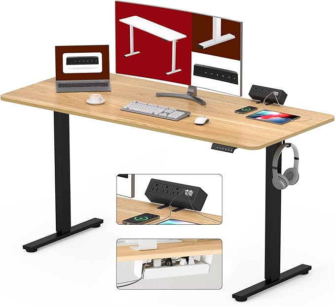 SANODESK Electric Standing Desk with Desk Clamp Power Strip 55"x 28" Whole-Piece Desktop Height Adjustable Stand Up with Cable Management Sit Stand Home Office Desk Black Frame/Maple Top