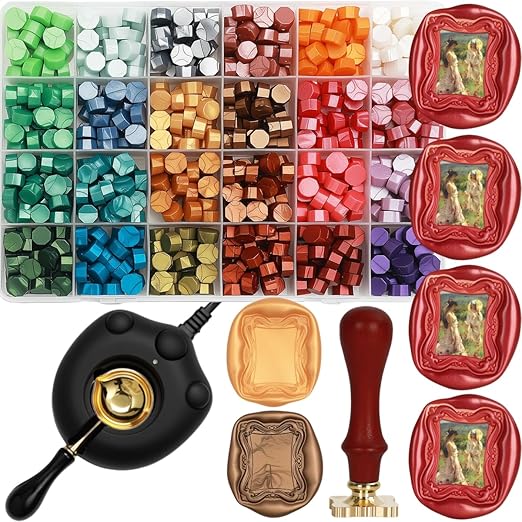 Frame Wax Stamp Kit, 624Pcs Sealing Stamp Beads Set with Electric Wax Seal Warmer, 3D Embossed Frames Relief Carve Stamps Waxing, Gold Pen,Tweezer (Set01)