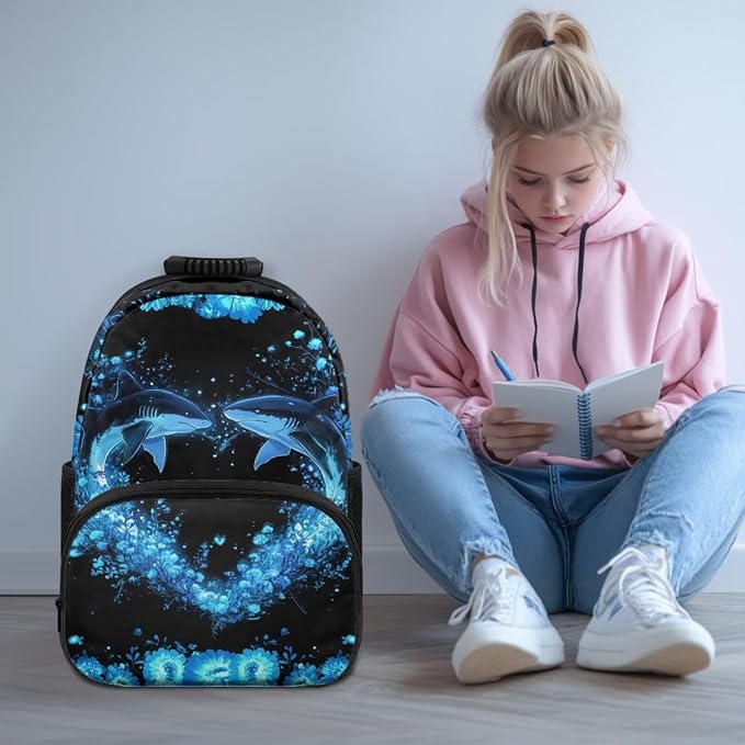 ZFRXIGN Shark Teen Boys Backpack for School with Cute Pendant 4PCS Backpack Set 17inch Middle High School Bag and Lunch Box Pencil Case Back to School Supplies