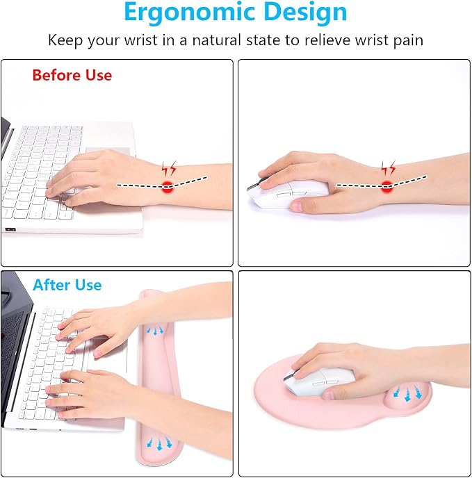 Dapesuom Keyboard Wrist Rest and Mouse Pad with Wrist Support, Cute Memory Foam Cushion for Keyboard and Mouse Set, Ergonomic Desktop Pad Rests with Non Slip Base for Easy Typing & Pain Relief, Pink