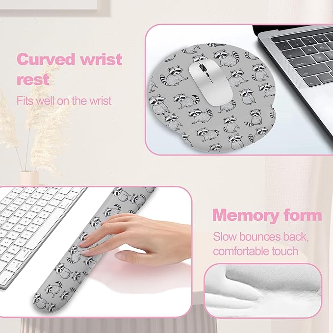 Cute Raccoon Ergonomic Wrist Support Keyboard Mouse Wrist Rest Set, Computer Office Comfortable Wrist Rest for Mouse Easy Typing