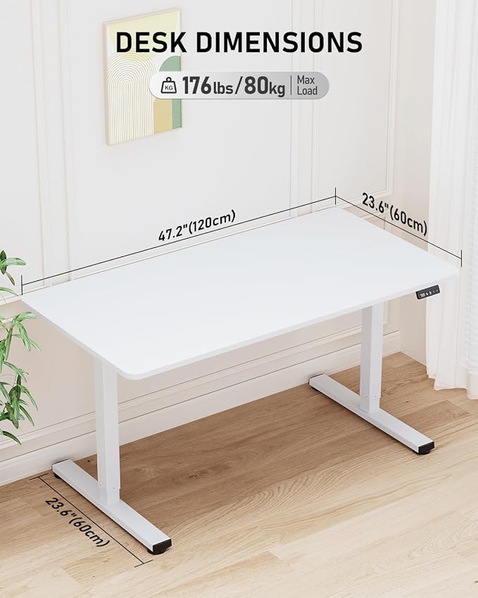 48" Electric Standing Desk Adjustable Height, Sit Stand up Desk for Home Office & Computer Workstation, 2 Memory Height Settings, Splice Board, 2 Hooks, White Frame/White Top