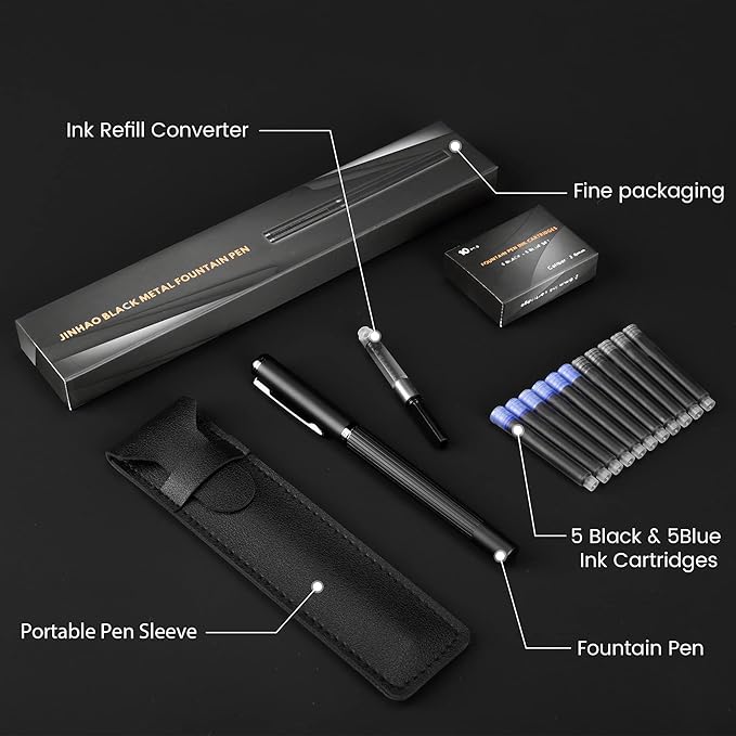 JINHAO Fountain Pen Extra Fine Nib, Includes Ink Cartridges & Converter, Perfect Weight, Optimal Flow, No Skips
