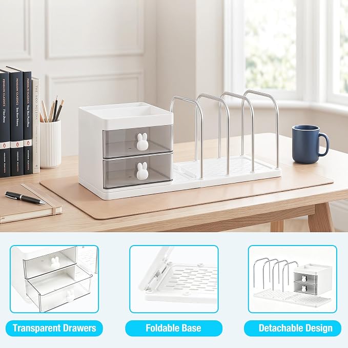 SAYEEC Desk Organizer with File Sorter Detachable Desktop Organizer 4 Sections Adjustable Bookends Plastic Storage Box with 2 Drawers Multi-Functional Pen Pencil Holder File Organizers for Office Home