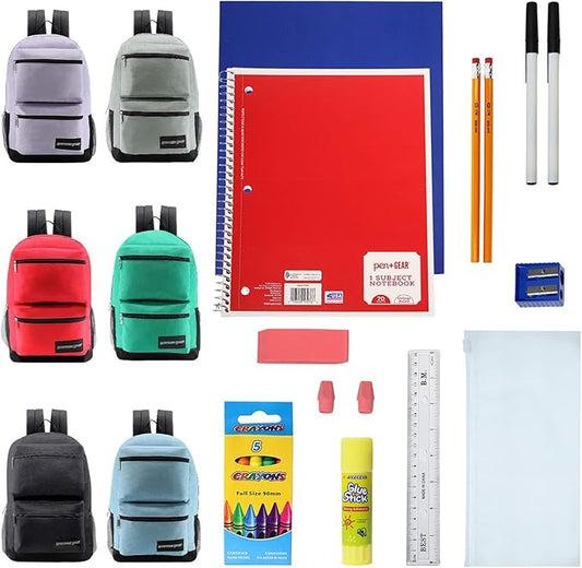 6-Pack 19” Sport Backpacks with 18 Piece School Supplies Kits - Pens, Pencils, Crayons - Bulk Bundle for Elementary, Middle, and High School Students, 6 Assorted Styles