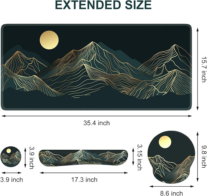 iCasso Large Mouse Pad, 4in1 XXL Mousepad + Keyboard Wrist Rest+Mouse Wrist Rest+Coaster Set with Ergonomic Design for Computer(Cyan-Mountain)