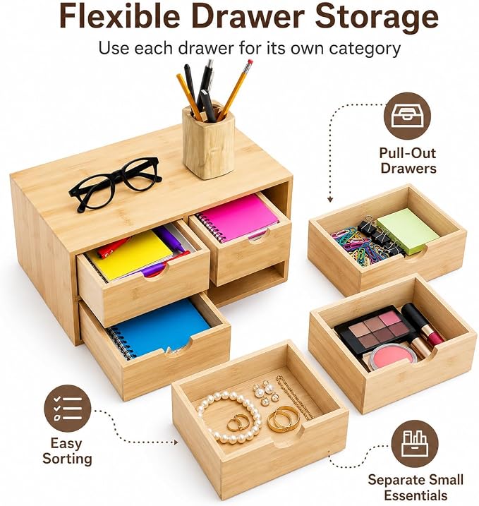 Bamboo Desk Organizer, 4-Drawer Wooden Desk Organizer with Full Pull-out Drawers, No Assembly Bamboo Storage Drawer for Office Supplies Cosmetics