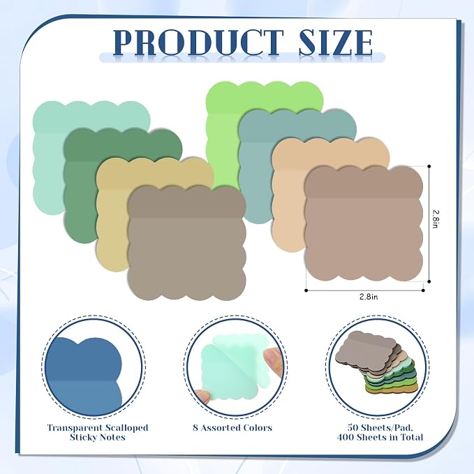 Eaasty 400 Sheets Transparent Sticky Notes 2.8x2.8 Clear Scalloped Sticky Notes 8 Pads Cute Wavy Translucent Pads Waterproof See Through Note for Bible Study Annotation School Office(Soft Morandi)