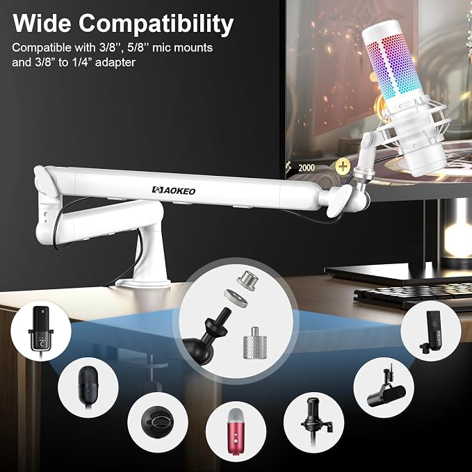 Microphone Arm,Aokeo AK-55 Desk Low Profile Adjustable Mic Boom Arm Stand,Suitable For Blue Yeti,Snowball iCE, HyperX QuadCast,SoloCast,Elgato Wave,Etc