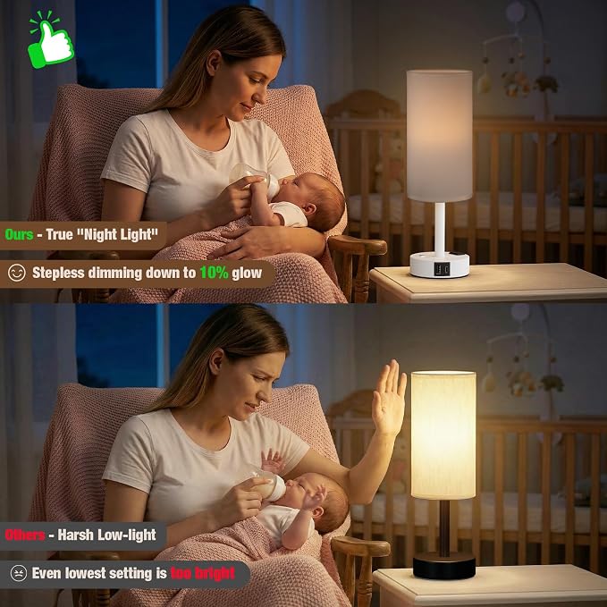 Touch Bedside Table Lamp with Memory - Stepless Dimmable Lamp for Bedroom, Small Nightstand Lamp with Dual USB Charging Ports and AC Outlet, Wood Night Light, Desk Lamp for Nursery (White & White)
