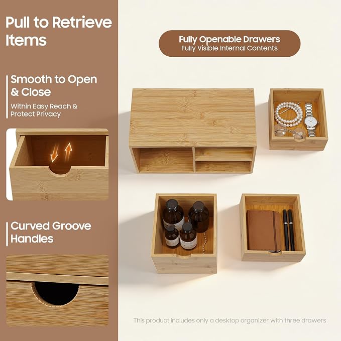 Desk Organizer, Office Vanity Bamboo Desk Organizer, Mini Bamboo Desk Drawer Tabletop Storage Box with 3 Drawer Night Stand Table Organizer for Makeup Vanity Office Supplies (3 Drawer, 1 Left+2 Right)