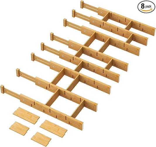 kiplant Kitchen Drawer Dividers - Adjustable Drawer Organizer for Clothes, Kitchen, Closet & Office - 8 Pack with Inserts, 18-22.6 Inches, Non-Slip Silicone Ends