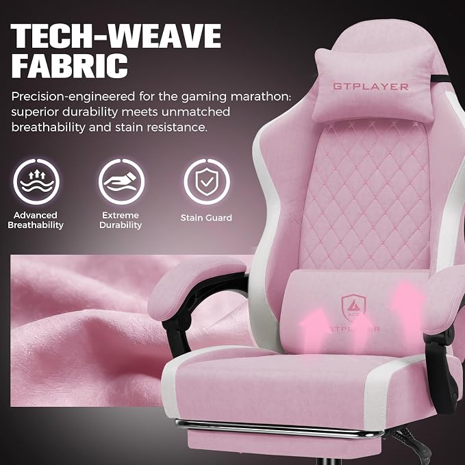 GTPLAYER Big and Tall Gaming Chair 350lbs Heavy Duty Office Chair with Foot Rest, High Back Pocket Spring Ergonomic Computer Chair for Adults, Wide Comfy Seated Cushion with Linkage Armrests, Pink