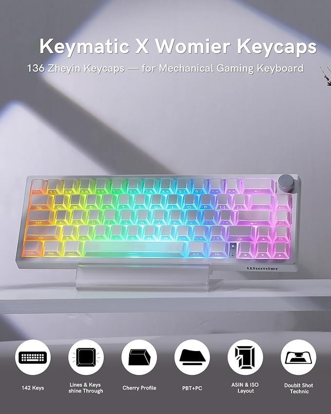 Keymatic Keycaps- Cherry Profile Keycap, Clear White Key Cap,Side Engraved Clear Edge Backlit Custom 60 65 75 100 Percent for Cherry MX, Outemu, Gateron Mechanical Keyboards