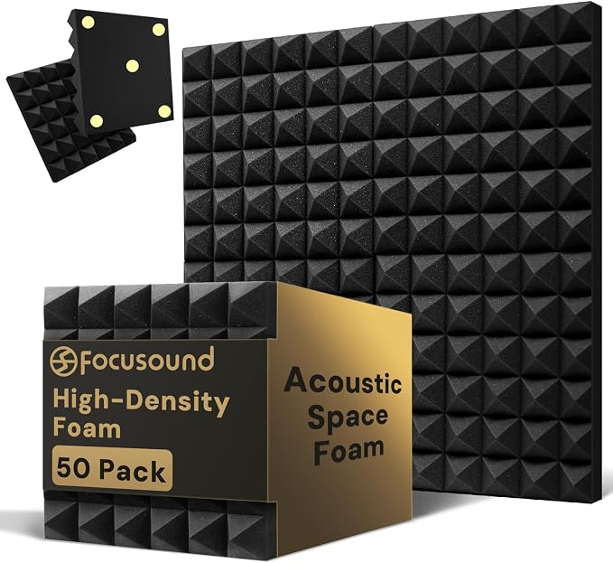 Focusound Acoustic Panels 50 Pack 2"x12"x12" with 300 PCS Double-Side Adhesive - Sound Proof Pyramid Foam for Walls, Home Studio Noise Absorption & Echo Control Kit