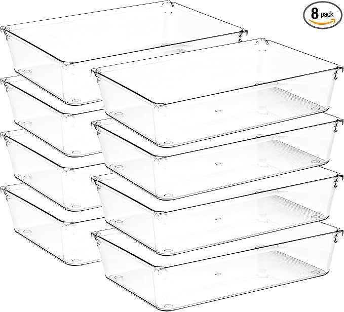 8 Pack Drawer Organizers, 6"X 9" Clear Acrylic Storage Bins | Acrylic Tray Design, Non-Slip Pads, Desk Storage Helper, For Makeup, Jewelry, Kitchen, Bathroom, Office Organization