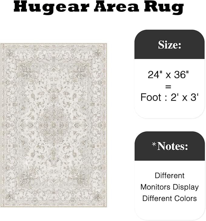 HUGEAR 2x3 Entrance Area Rug Vintage Beige Small Rug Machine Washable Door Mat Neutral Floral Low Pile Carpet Vacuumable Thin Throw Rug Entryway Kitchen Bathroom Bedroom Non Slip Lightweight