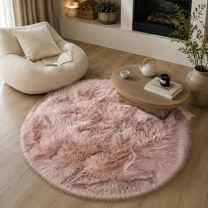EasyJoy Faux Sheepskin Rug, Fluffy Faux Fur Rug, Ultra Soft Shag Area Rug with Non-Slip Backing for Bedroom, Living Room, Nursery, Kids Room(4 x 4 ft Round, Pink)