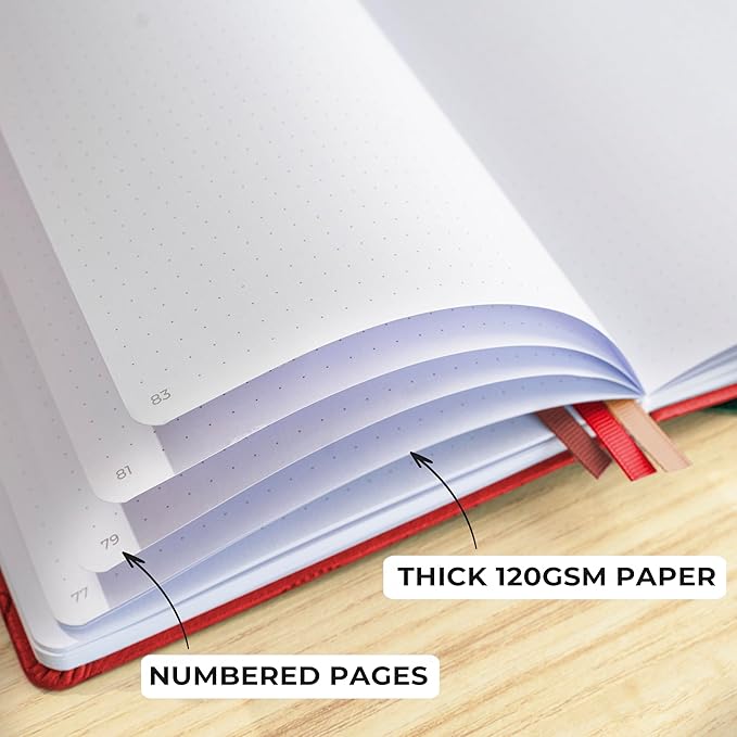 Clever Fox Dotted Journal 2.0 – Compact Planning and Sketching Dot Grid Notebook 120 GSM Thick, No-Bleed Paper – Planner with Pen Loop, Pocket, Ribbons, Stickers A5 - Wine Red