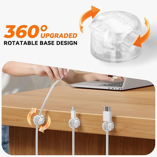 6 Pack Locking Spring Cable Clips, Rotatable Cord Organizer with Secure Lock Design, Adhesive Cord Holder for Desk Home Office Car Wall Charger Cable Management, Clear