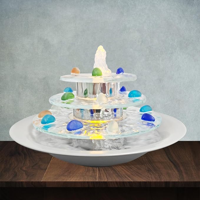 Pamopamo Indoor Tabletop Fountain 3-Tier Waterfall, Zen Meditation Fountain with LED Light, Small Desk Water Feature Soothing Sound Relaxing for Office Home Décor