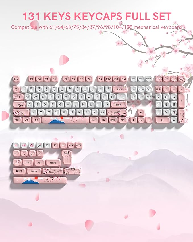 131 Cute Pink Keycaps MOA Cherry Blossom keycap Theme Japanese Keycap Set for Mechanical Keyboard for 61/68/84/87/98/99/100/104/108 Keys,Pink&White(Only Keycap Set)