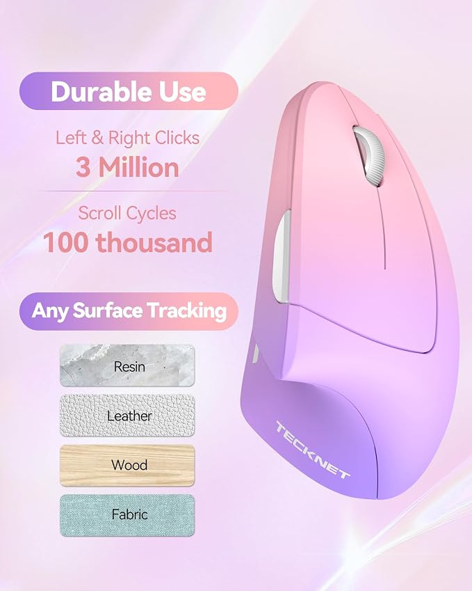 TECKNET 2.4G Ergonomic Mouse Vertical Wireless 4800 DPI Carpal Tunnel Mouse | 5 Adjustable DPI, Optical Tracking, 12 Months Battery, Quiet, 6 Buttons for Laptop, PC, Computer, Right Hand, Pink Purple