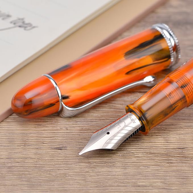 Asvine V800 Fountain Pen -Vacuum Filling System with Large Ink Capacity-Number 8 Stub Nib 1.1mm Calligraphy Art Drawing with Wrench - Amber Acrylic