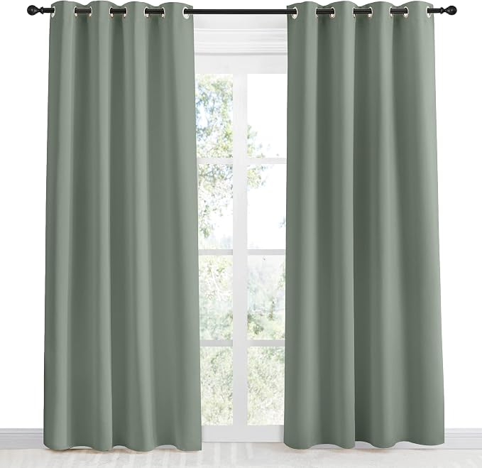 NICETOWN Blackout Greyish Green Curtain 86 inch Length for Bedroom, W55 x L86, 1 Panel, Thermal Insulated Grommet Room Darkening Window Drape Sound Dampening for Living Room