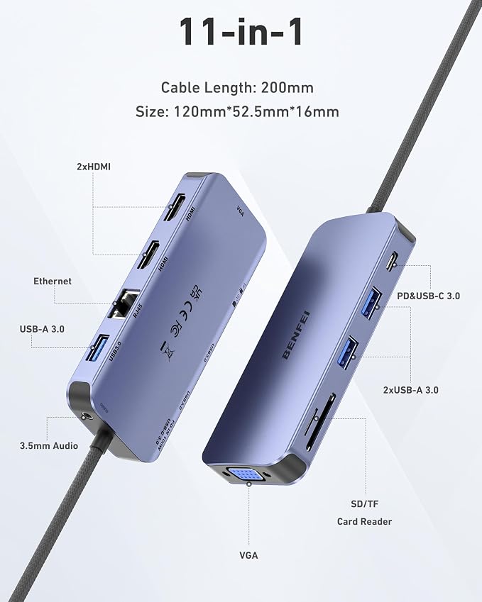 BENFEI 11-in-1 USB C Hub Triple Display Docking Station Dual HDMI, VGA, 3*USB 3.0, 1Gbps Ethernet, 100W Power Delivery, SD/TF Card Reader, 3.5mm AUX Audio Compatible with MacBook XPS Surface
