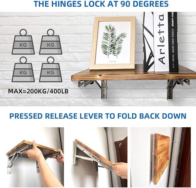 Folding Shelf Brackets 16 Inch, Heavy Duty Stainless Steel Collapsible Hinges Wall Mounted Angle L Bracket for Floating Shleves DIY Foldable Work Bench Table Desk - 6 Pack