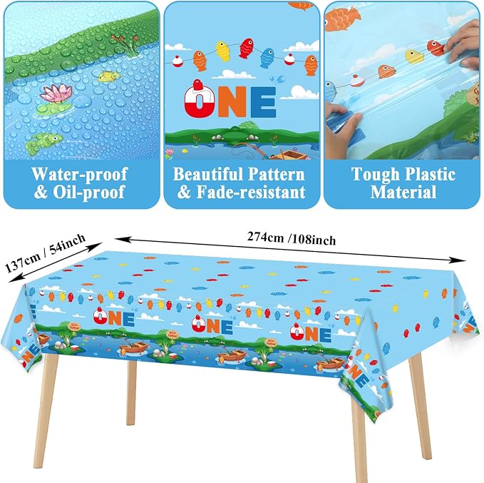 Ofishally One Birthday Party Supplies Serves 24 Gone Fishing 1st Party Paper Plates Napkins Little Fisherman Tablecloth Set Tableware Kit for Baby Shower Decorations Kids Boys Girls