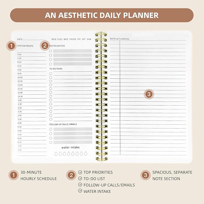 Stanoha Undated Daily Planner - Spiral Notebook 80 Days One Day Per Page, Hourly Schedule, To-Do List, Notes, Everyday Planning Task, A5 Hardcover Journal Organizer Book Women Cute, White Flower