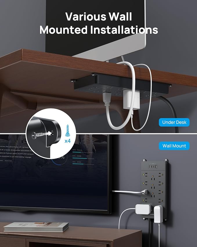 TROND Surge Protector Power Strip, 4000 Joules, ETL Listed, 13 Widely-Spaced Outlets Expansion with USB C Ports, Low-Profile Flat Plug, Wall Mountable, 5ft Extension Cord, 14AWG Heavy Duty, Black