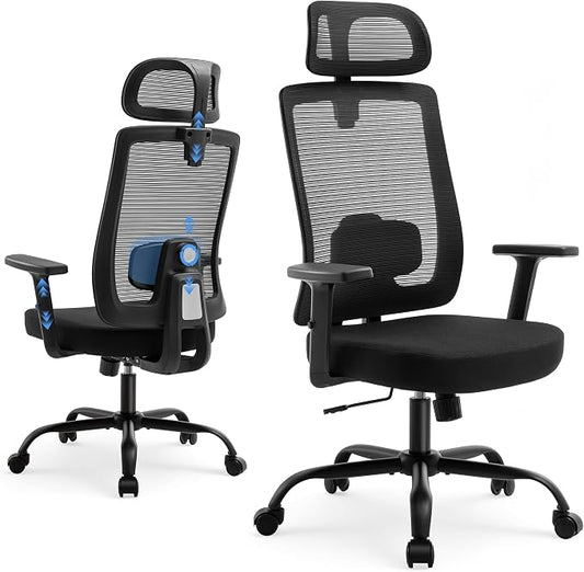 Shintenchi Ergonomic Office Chair, High Back Mesh Desk Chairs with Headrest & Lumbar Support Adjustable, 3-Level Tilt Backrest Comfortable Gaming Chair 330lbs Capacity, Big and Tall Rolling Chairs