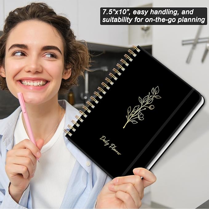 Undated Daily Planner With Hourly Schedule, To Do List Spiral Notebook, Easily Organize Your Work Tasks And Appointments, Perfect School Or Office Supplies For Organizing & Planning, 7.5"x10", Black